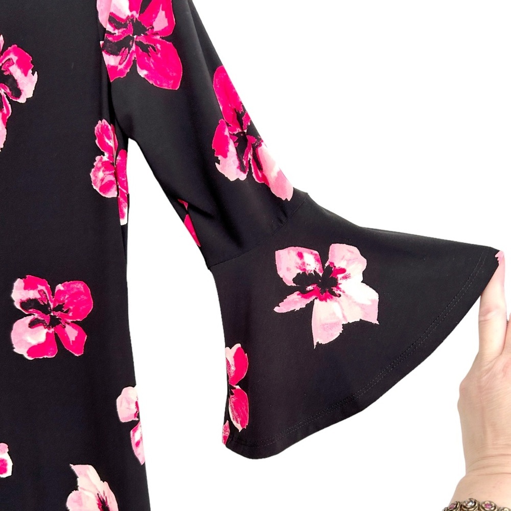 Tommy Hilfiger Black 3/4 Bell Sleeve Ruffle Floral Dress Size 6 - Picture 4 of 7